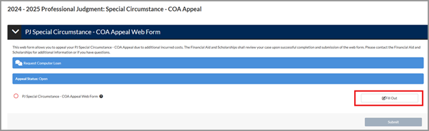 Screenshot of Cost of Attendance appeal webform