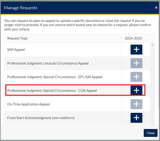 Screenshot of Cost of Attendance appeal menu